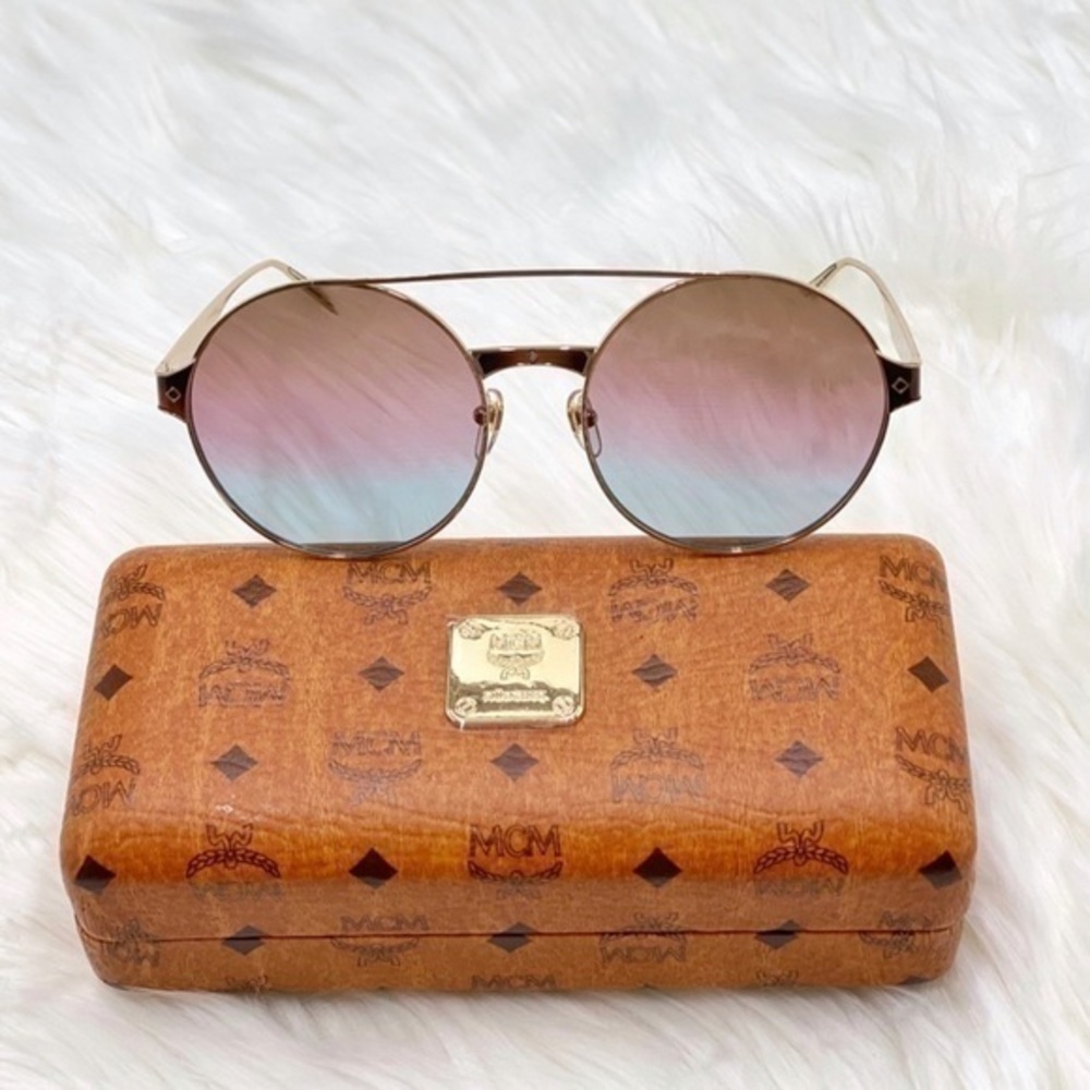 New MCM 124S 728 Gold Brown Rose Azure Round Sunglasses Made in Italy 58mm